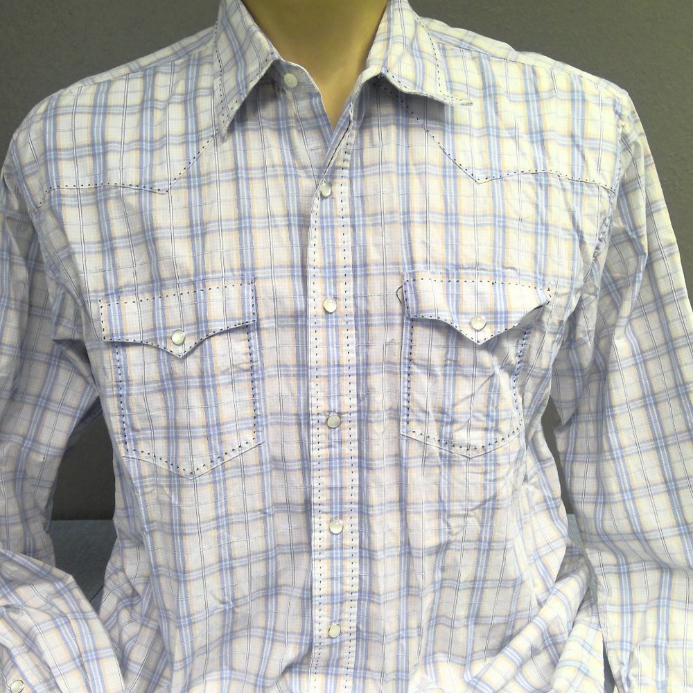 Classic Western Pearl Snap Shirt Long Sleeve Blue Plaid Men's XL